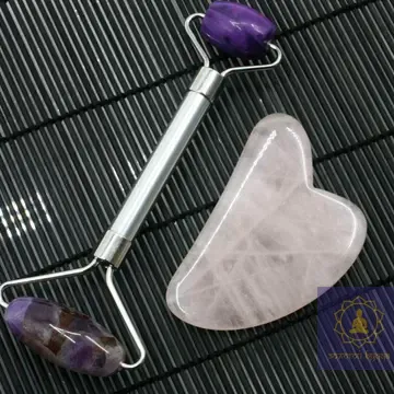 Масажний набір Гуа-ша, аметистовий ролик і скребок з рожевого кварцу.